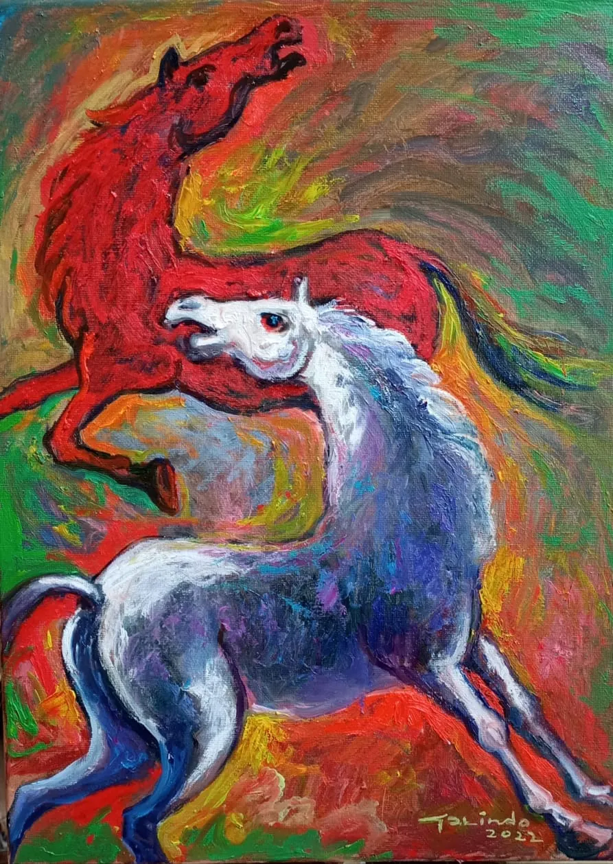Dos caballos, uno rojo y otro blanco, sobre un fondo de colores